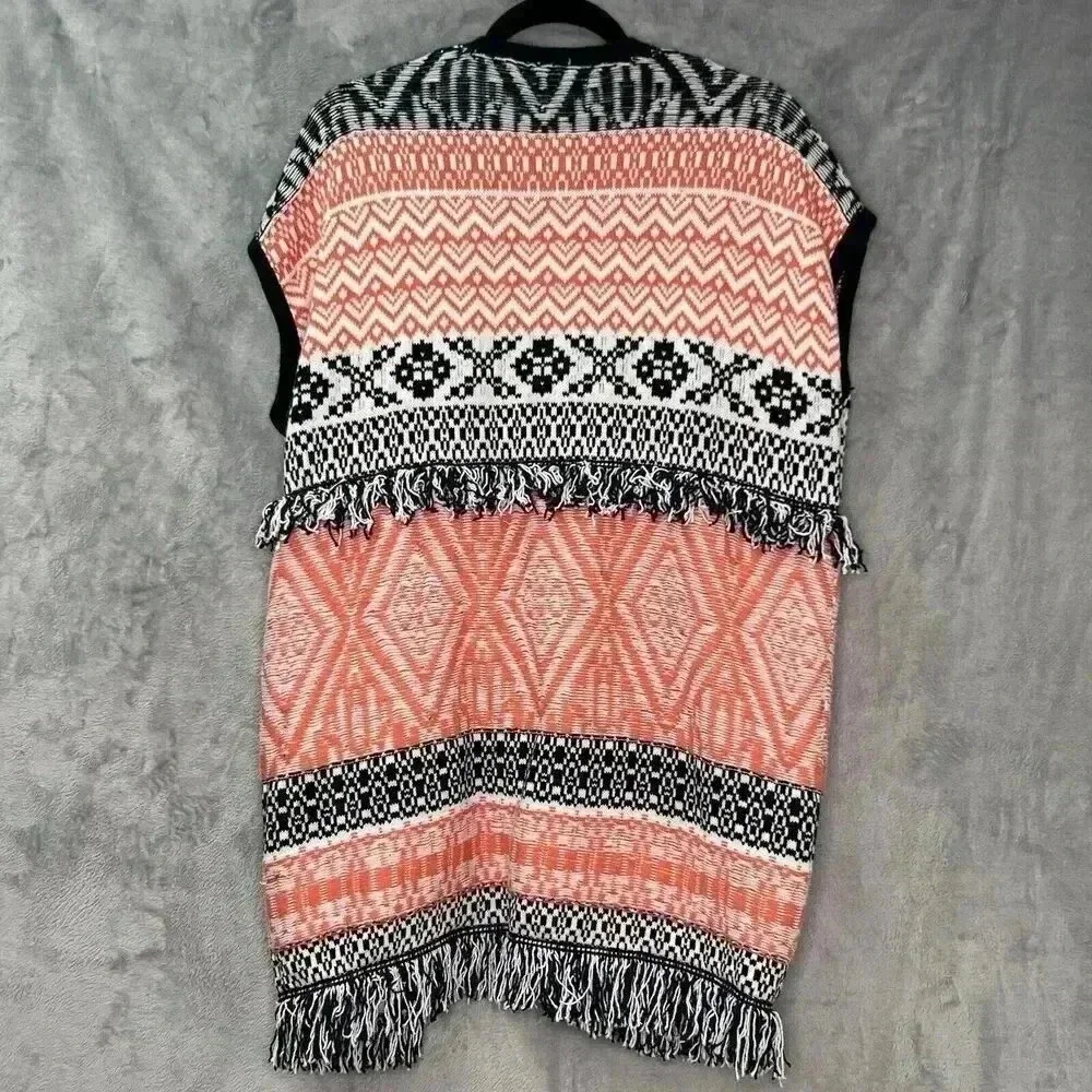 Lucky Brand Fringe Jacquard Cardigan Sweater Vest Sz M Orange Black Aztec‎